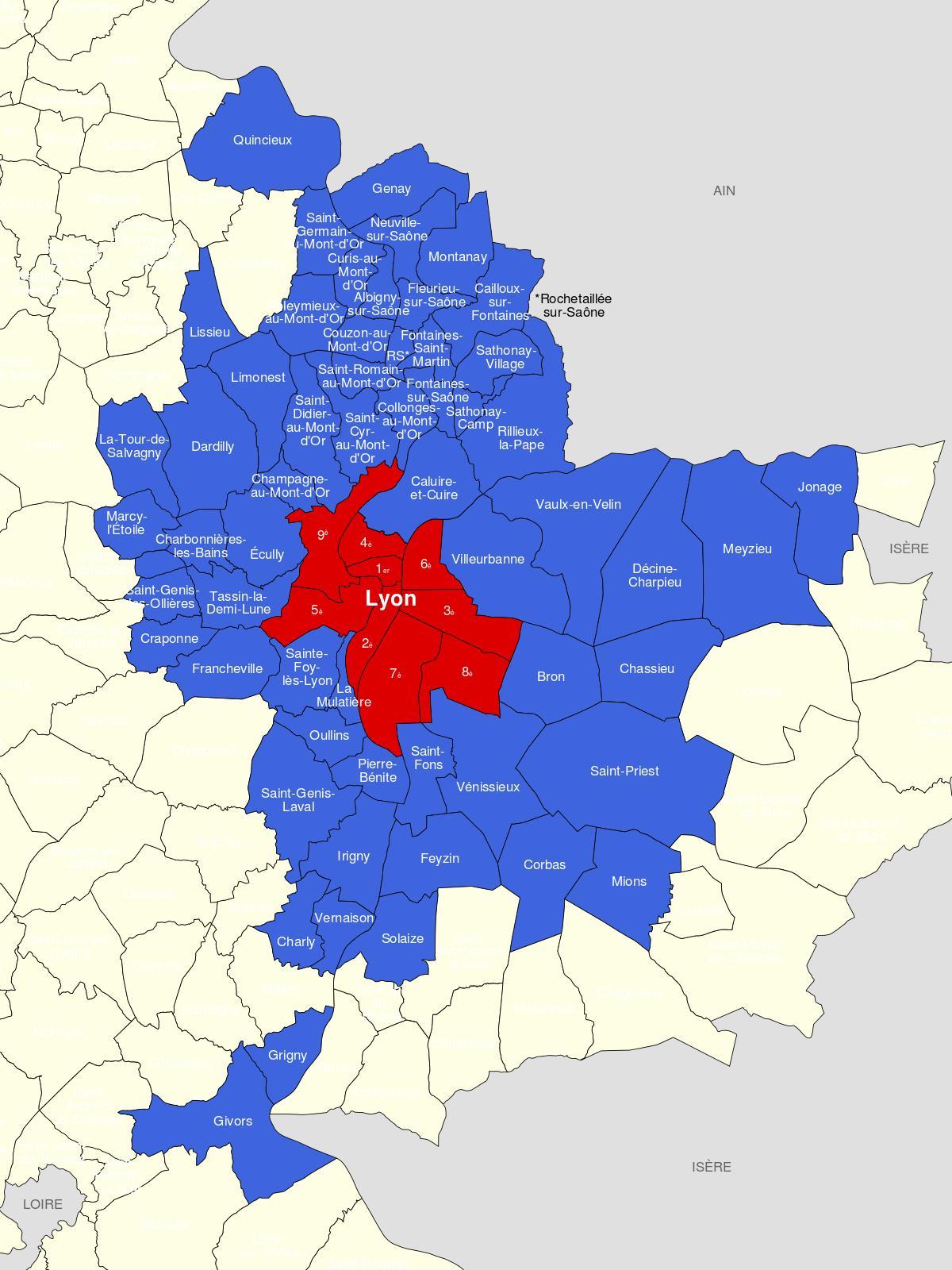 karta Lyon predgrađu 